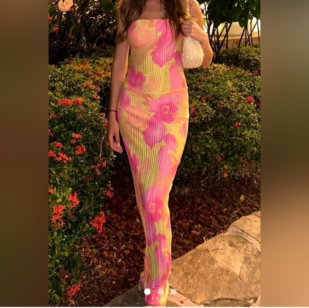 PrettyLittleThing Yellow and Pink Floral Maxi Dress